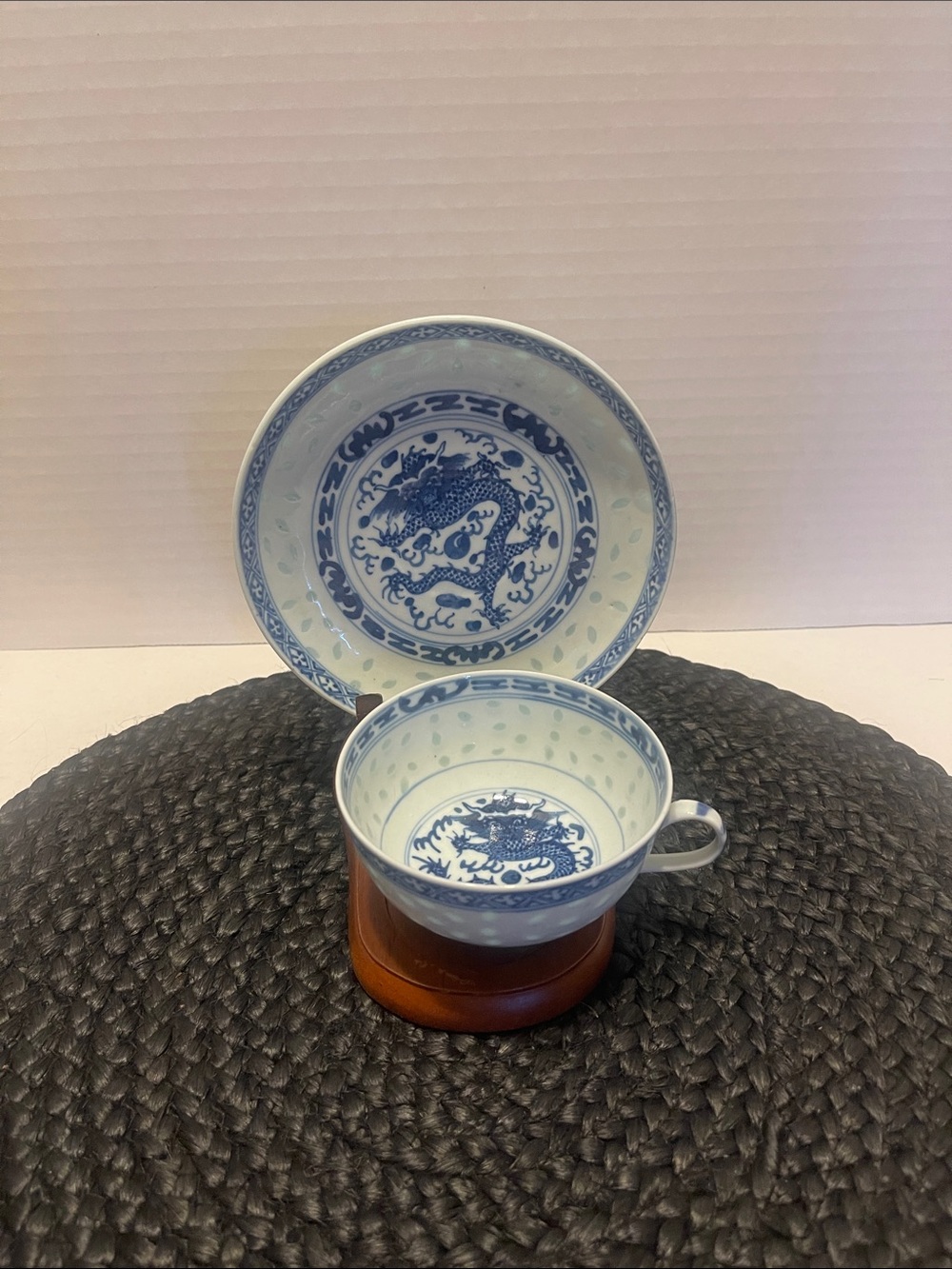 Vintage linglong Blue Dragon Porcelain Teacup & Saucer Set